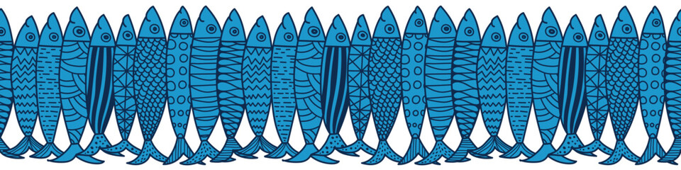 Vector seamless horizontal border with fish. Cute illustration. Sardines.