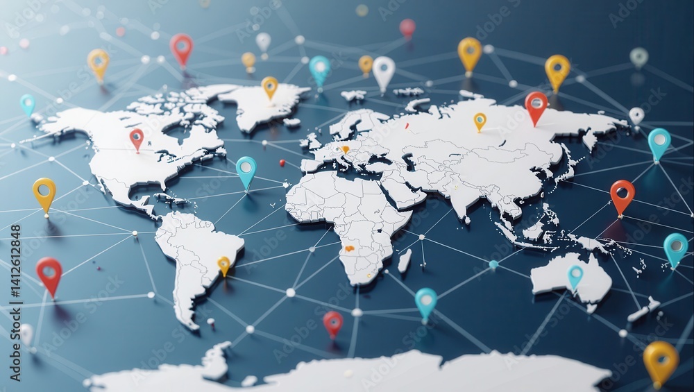 Aufkleber world map with location pins and network connections illustrated.