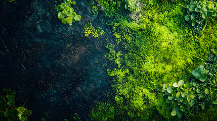 Lush Green Moss: A close-up photograph showcases a vibrant, textured expanse of vivid green moss, artfully contrasted against a darker surface.