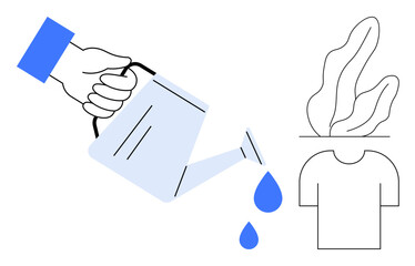 Hand pouring water from a watering can onto a shirt with a growing plant. Ideal for sustainability, eco-friendliness, growth, nature care, creativity, mindfulness, simple landing page