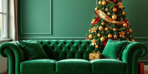 Obraz premium Green velvet sofa, Christmas tree adorned with gold ornaments, festive decor, ambiance, winter