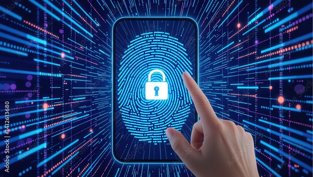 Poster digital fingerprint scanning on a smartphone with a secure lock icon.
