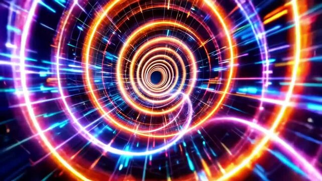 Rings of vibrant energy pulse along a glowing hyperloop creating an endless tunnel of shifting lights and digital waves in motio