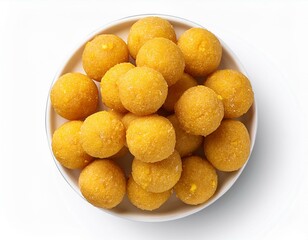 top view of Indian sweet Besan Ladoo isolated on a white transparent background
