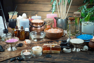 Spa massage items are arranged in a composition on the table.