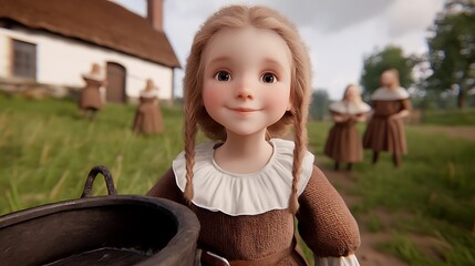 Girl in brown dress, carrying a cauldron