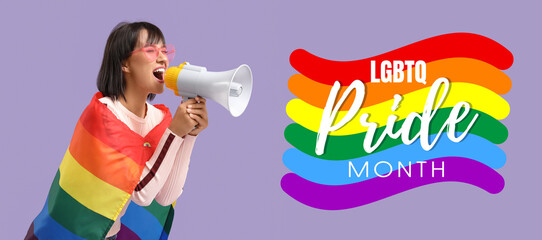 Beautiful young woman with megaphone and LGBT flag on lilac background