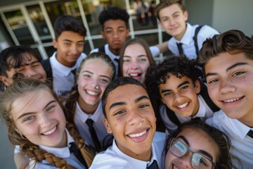 Group of young students smiling in the city portrait