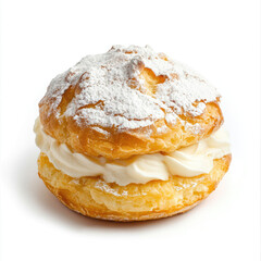 A single cream puff pastry dessert dusted with powdered sugar on a white surface