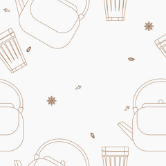 Editable Outline Side View Indian Masala Chai in Kettle and Glass Mug With Assorted Herb Spices Vector Illustration Seamless Pattern for South Asian Culture and Tradition Beverages Background