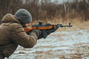 Man Aiming Assault Rifle in Snowy Winter Landscape Environment