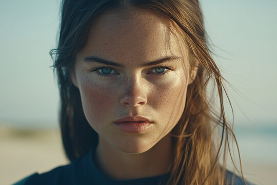 Close-up of a defiant face capturing strength and determination by the beach during golden hour