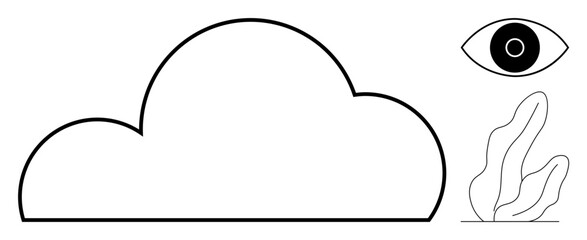 Cloud with bold outline, abstract leafy plant, and eye symbol evoke imagination, awareness, and nature. Ideal for creativity, mindfulness, digital design, data sustainability branding simple