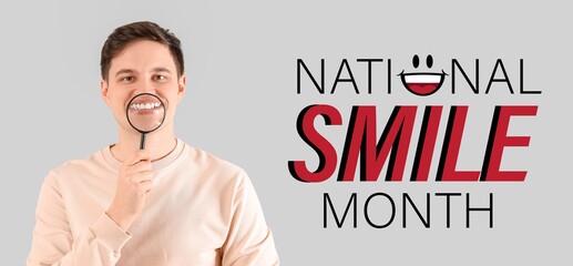 Happy young man with magnifier on grey background. Banner for National Smile Month