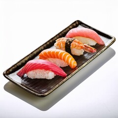 nigiri sushi assortment with salmon, tuna, shrimp, and eel on rectangular plate isolated