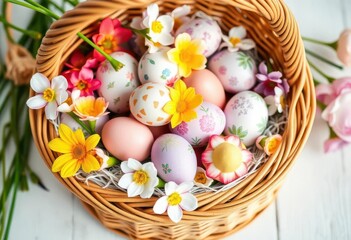 Wicker basket overflowing with vibrantly painted eggs and fresh spring flowers, orange, gift