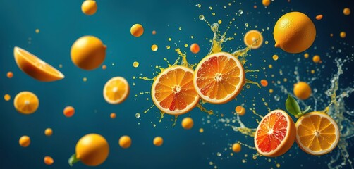 Flying citrus fruits, vibrant splashes of atis juice,  advertising,  image