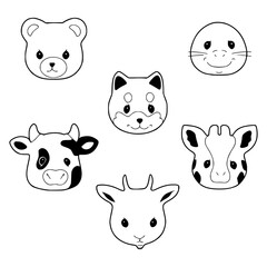 set of cute animal faces outline