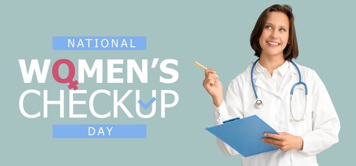 Happy female doctor on light blue background. Banner for National Women's Checkup Day