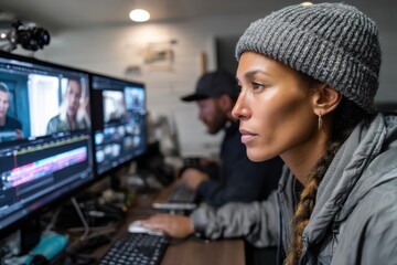 A female video editor, wearing a grey beanie, focuses on the screen while engaging with her editing software in a cozy home office setting, showcasing creativity and dedication.