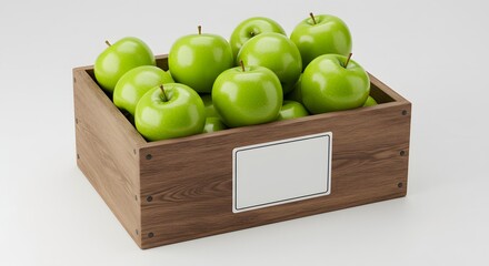 Fresh Green Apples in Wooden Crate on White Background
