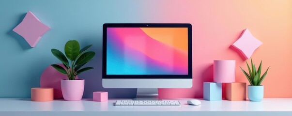 A vibrant computer screen nestled amongst pastel geometric forms , aesthetic, trend