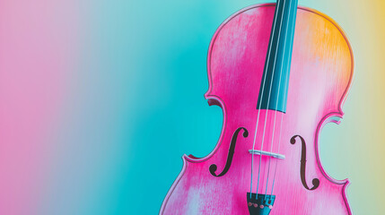 Harmonic Pink Cello: A vibrant close-up of a cello, its wooden form bathed in a spectrum of pink and yellow hues, against a blended.