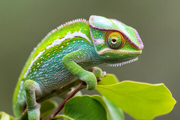 Obraz premium Chameleon showcases vibrant color change while perched on a green leaf in a lush environment