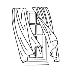 wind blowing through curtained window sketch
