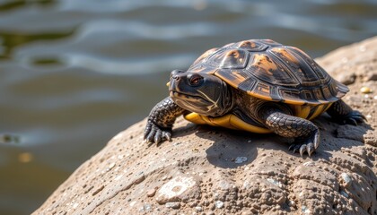 Close-up of a Colorful Turtle Relaxing on a Rock by the Water's Edge in Natural Habitat