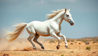 Obraz premium A majestic white stallion thundering across a dusty plain, its mane and tail flying, spirited, running