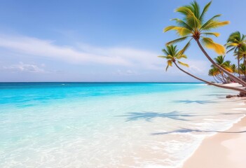 Obraz premium Azure water laps white sand, palm trees sway in gentle breeze, turquoise, landscape