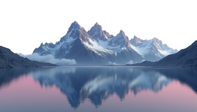 Snowy Mountain Peaks Reflection on Lake, Pink Sky, transparent background - Powered by Adobe