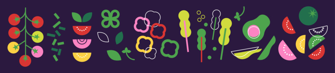 Decorative abstract veg food vector illustration with various veggies, fruit. Appetising vegetables collection. Greens icon set. Wide background for grocery poster, cover, banner. Healthy food concept
