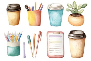 Watercolor illustration of office supplies, coffee cups, and a plant.