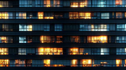 Obraz premium Night View Of Apartment Building Facade With Illuminated Windows