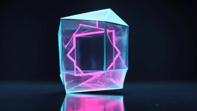 The interaction of light and perspective visualized as an abstract holographic cube, shifting colors and patterns, Modern Art, Illustration, Iridescent hues
