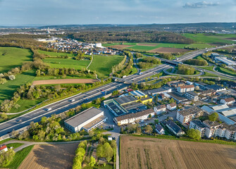 aerial photo of the highway interchange of Stuttgart-Nord at highway A81 and B 10 in Korntal-M&uuml;nchingen , Baden W&uuml;rttemberg Germany