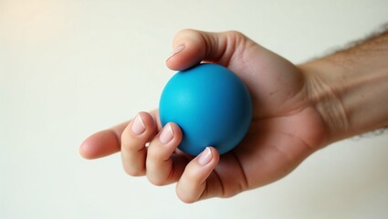 Close-up of hand holding a blue stress ball against a plain background
