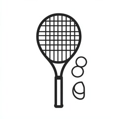 Black and White Illustration of Tennis Racket and Balls on White Background