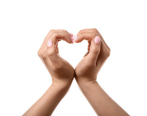 Woman making heart with her hands on white background