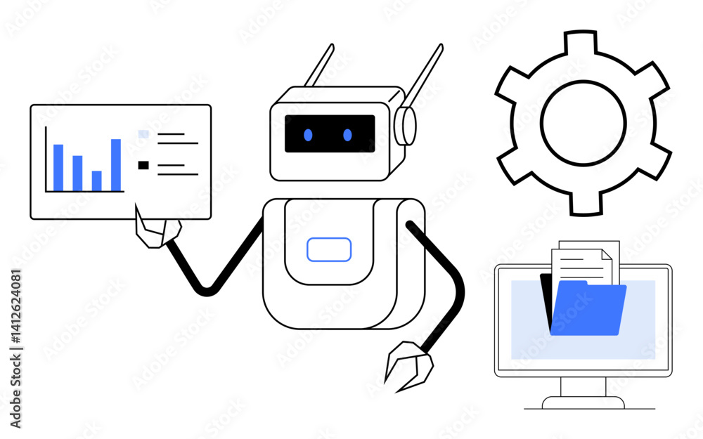 Poster robot holding data chart, gear symbolizing process optimization, computer with folder, automation, d