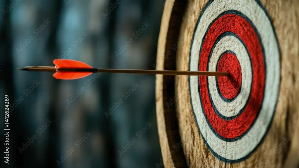 Poster Close-up of a Bullseye Target with Arrow Precisely Hitting the Center in a Rustic Archery Setting