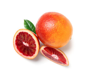 Tasty cut and whole blood orange fruit on white background