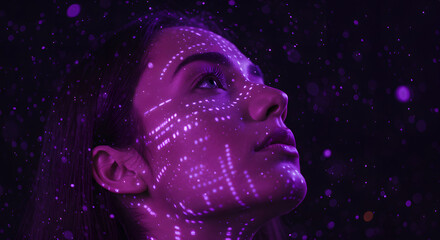 Futuristic girl with digital interface projection. Woman immersed in augmented reality. Cyberpunk aesthetic for modern technology, innovation, science and virtual world concepts.