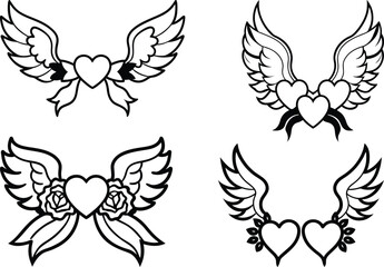 Winged Heart Outline Set – Black and White Heart with Wings Tattoo Style Vectors 