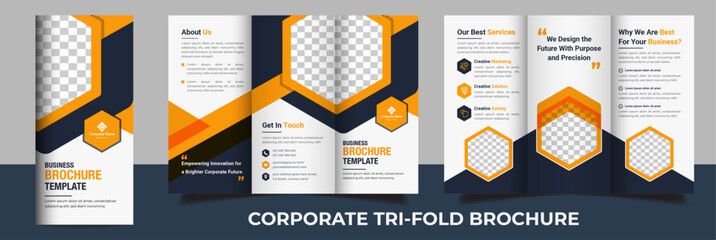 Corporate business trifold brochure template layout with yellow elements for agency marketing promotion 