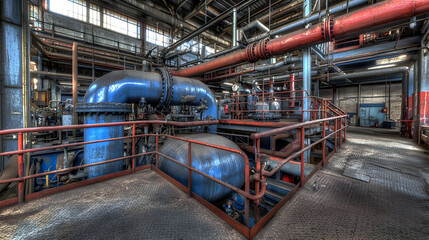 Naklejka premium Industrial Machinery Interior With Pipes And Tanks