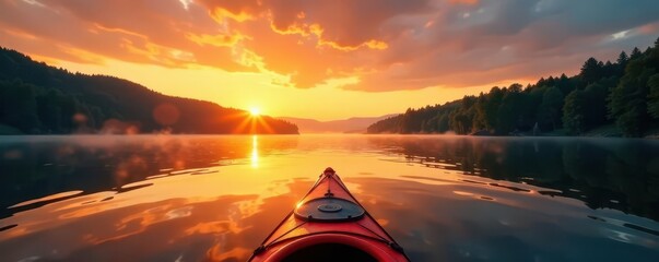 Golden sunset reflects on calm lake water, kayak at center, forest backdrop, peaceful, kayak, vacation