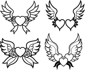 Winged Heart Outline Set – Black and White Heart with Wings Tattoo Style Vectors 